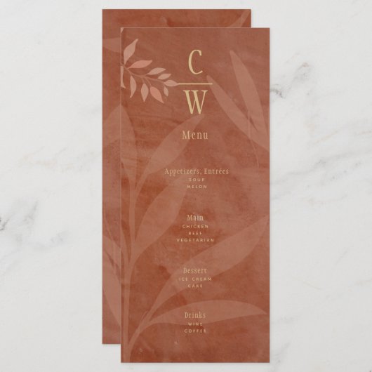 Moderne Hochzeit im Herbst Terracotta Gold Blätter Menükarte (Vorne/Hinten)