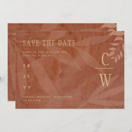 Moderne Hochzeit im Herbst Terracotta Gold Blätter Save The Date