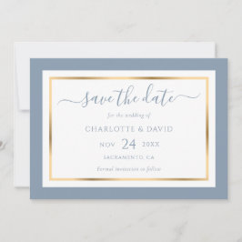 Moderne Hochzeit in Blau und Gold Save The Date