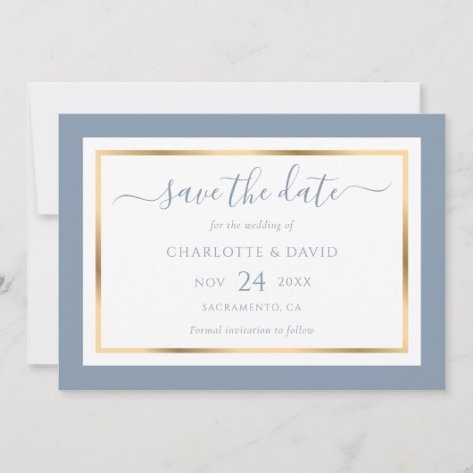 Moderne Hochzeit in Blau und Gold Save The Date (Vorderseite)