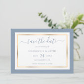 Moderne Hochzeit in Blau und Gold Save The Date (Stehend Vorderseite)