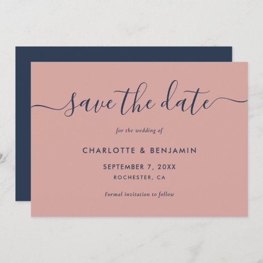 Moderne Hochzeit in Blau und Rot Save The Date (Vorne/Hinten)