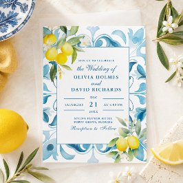Moderne Hochzeit in Blauer Tile und Lemon Einladung