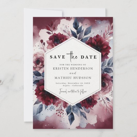 Moderne Hochzeit in Burgund Save The Date (Vorderseite)