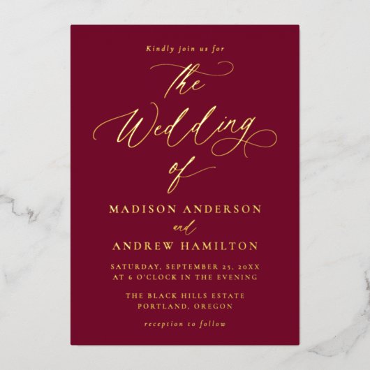 Moderne Hochzeit in Burgund und Gold Folieneinladung (Vorderseite)
