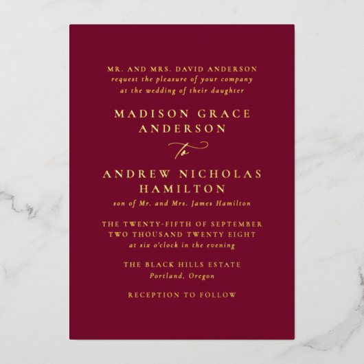 Moderne Hochzeit in Burgund und Gold Folieneinladung (Vorderseite)