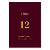 Moderne Hochzeit in Burgund und Gold Tischnummer (Rückseite)