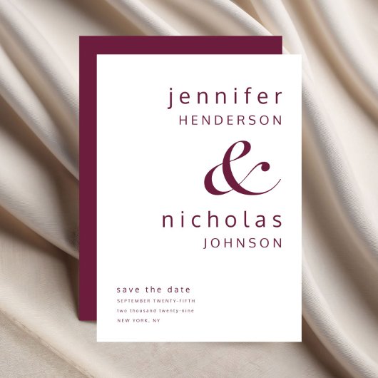 Moderne Hochzeit in Burgund und Typografie Save The Date