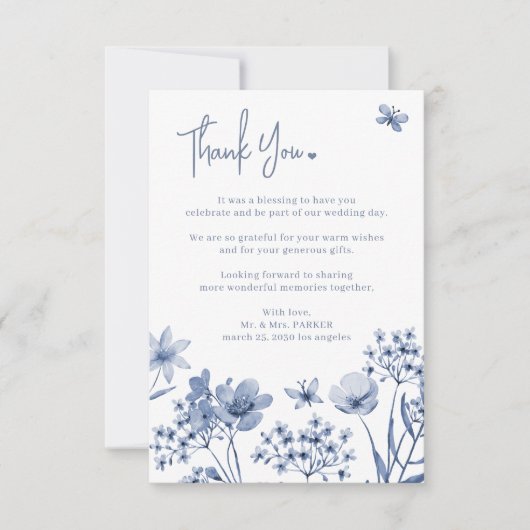 Moderne Hochzeit in dunkelblauem Blumen Dankeskarte (Vorderseite)