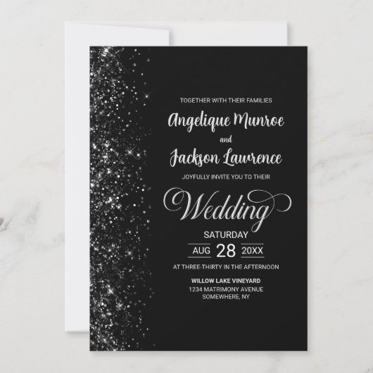 Moderne Hochzeit in einem Schwarzen Glitzer Einladung (Vorderseite)
