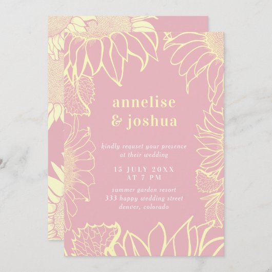 Moderne Hochzeit in Gelb-Rosa Einladung (Vorne/Hinten)