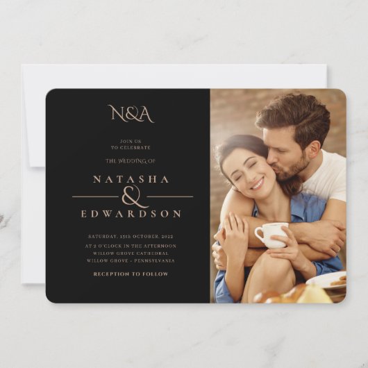 Moderne Hochzeit in Gold und Schwarz Abstrakt Foto Einladung (Vorderseite)