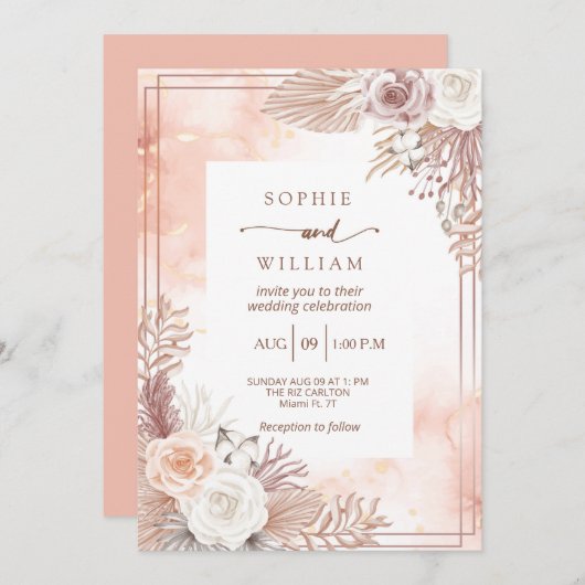 Moderne Hochzeit in goldfarbenem Rose Einladung (Vorne/Hinten)