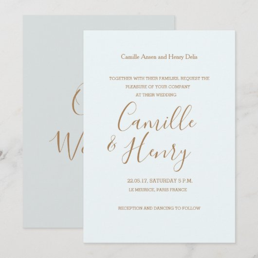 Moderne Hochzeit in hellblau-goldgrau Einladung (Vorne/Hinten)