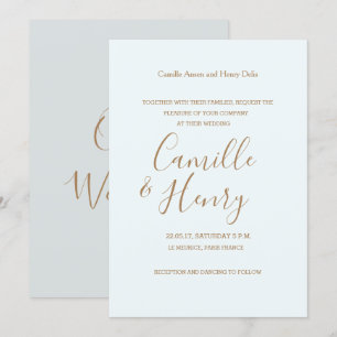 Moderne Hochzeit in hellblau-goldgrau Einladung