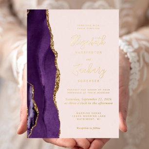 Moderne Hochzeit in Lila und Gold mit Achat und Ro Folieneinladung
