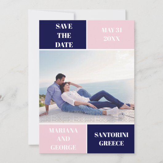 Moderne Hochzeit in marineblau und rot Save The Date (Vorderseite)