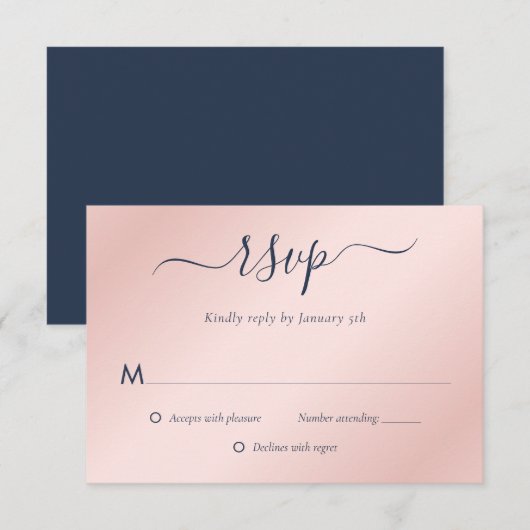Moderne Hochzeit in Navy Blue und Blush RSVP Karte (Vorne/Hinten)