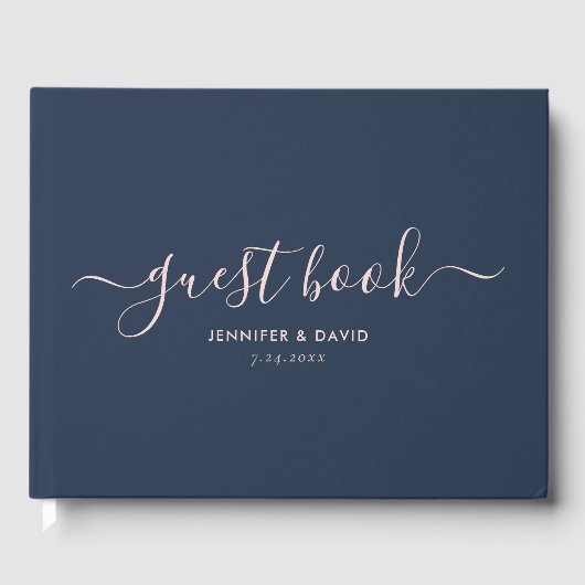 Moderne Hochzeit in Navy Blue und Blush Script Gästebuch (Vorderseite)