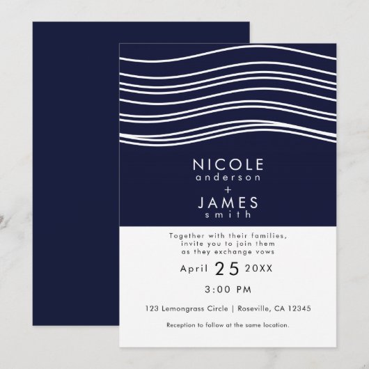 Moderne Hochzeit in Navy Blue & White Wave Einladung (Vorne/Hinten)
