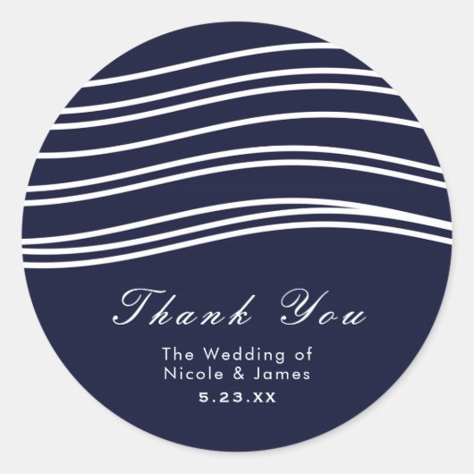 Moderne Hochzeit in Navy Blue & White Wave Runder Aufkleber (Vorderseite)