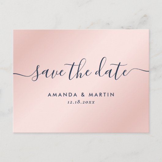 Moderne Hochzeit in Navy und Blush retten das Datu Ankündigungspostkarte (Vorderseite)
