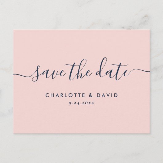 Moderne Hochzeit in Navy und Blush retten das Datu Ankündigungspostkarte (Vorderseite)
