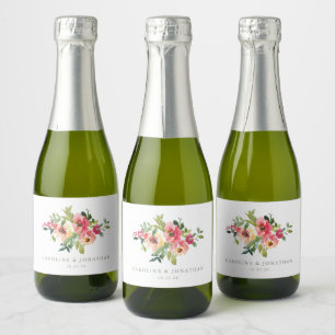 Moderne Hochzeit in Rosa mit rotem Rosa Schaumweinetikett