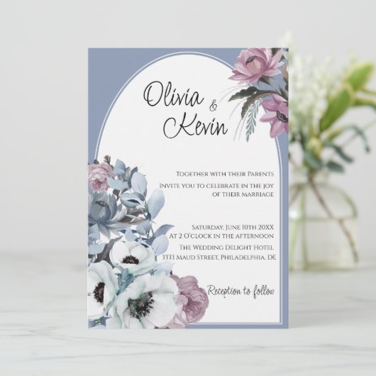 Moderne Hochzeit in Rosa und Blau Einladung (Stehend Vorderseite)