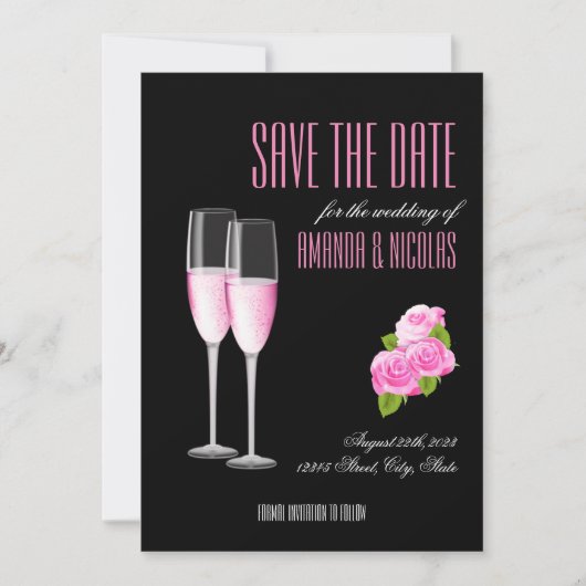 Moderne Hochzeit in Schwarz-Rosa Save the Date Einladung (Vorderseite)