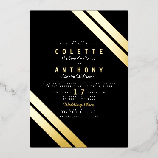 Moderne Hochzeit in schwarzem Gold Folieneinladung (Vorderseite)