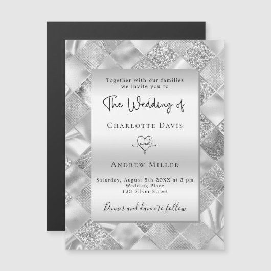 Moderne Hochzeit in Silberform Magneteinladung (Vorne/Hinten)