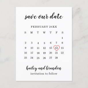 Moderne Hochzeit Kalendar Rot Herz Save-the-Date Ankündigungspostkarte