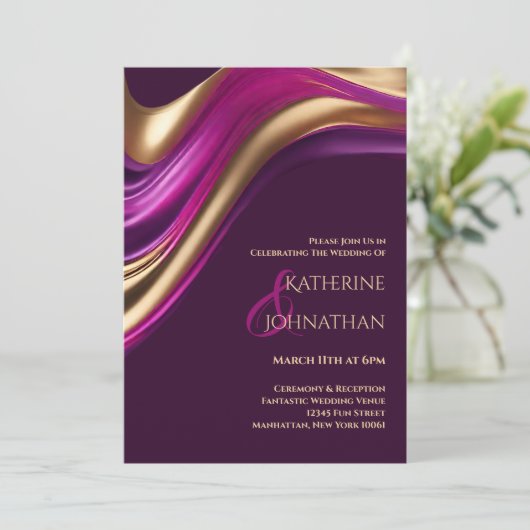 Moderne Hochzeit-Lila Fuchsien und Gold- Einladung (Stehend Vorderseite)