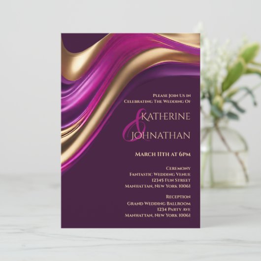Moderne Hochzeit-Lila Fuchsien und Gold- Einladung (Stehend Vorderseite)