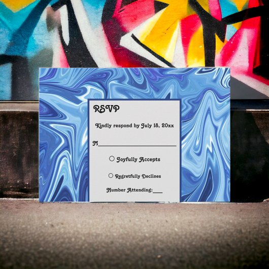 Moderne Hochzeit mit Abstraktem Ölgemälde in Navy RSVP Karte