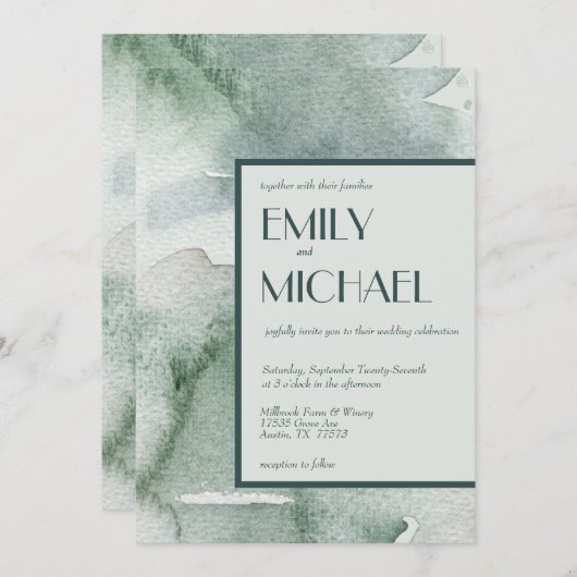 Moderne Hochzeit mit Abstrakter Farbe im Grünen Mo Einladung (Vorne/Hinten)