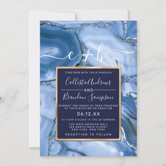 Moderne Hochzeit mit blauem Marmor Agate Monogram Einladung (Vorderseite)