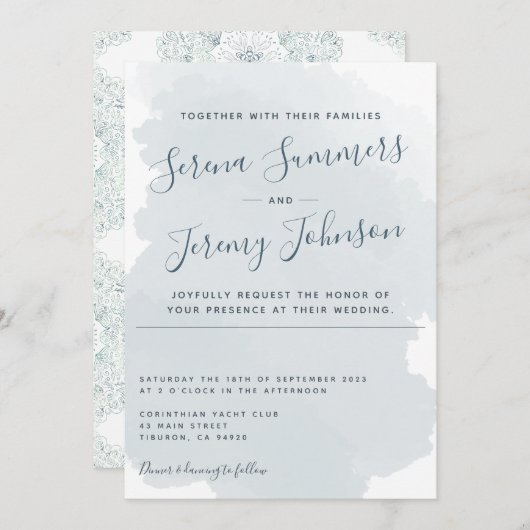 Moderne Hochzeit mit blauem Watercolor Wash Beach Einladung (Vorne/Hinten)