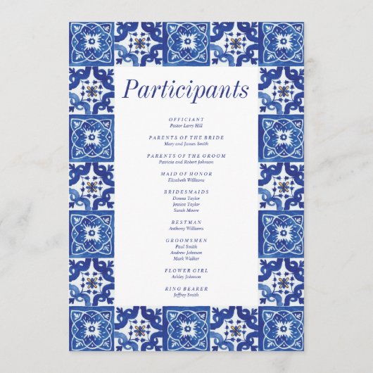 Moderne Hochzeit mit blauem weißem Mittelmeer Programm (Rückseite)