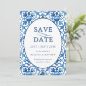 Moderne Hochzeit mit blauem weißem Mittelmeer Save The Date (Stehend Vorderseite)