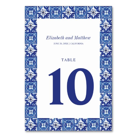 Moderne Hochzeit mit blauem weißem Mittelmeer Tischnummer (Rückseite)