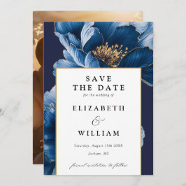 Moderne Hochzeit mit blauen und goldenen Fotos Save The Date