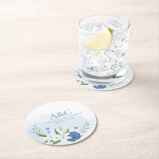 Moderne Hochzeit mit blauer Flora Runder Pappuntersetzer (Vor Ort)