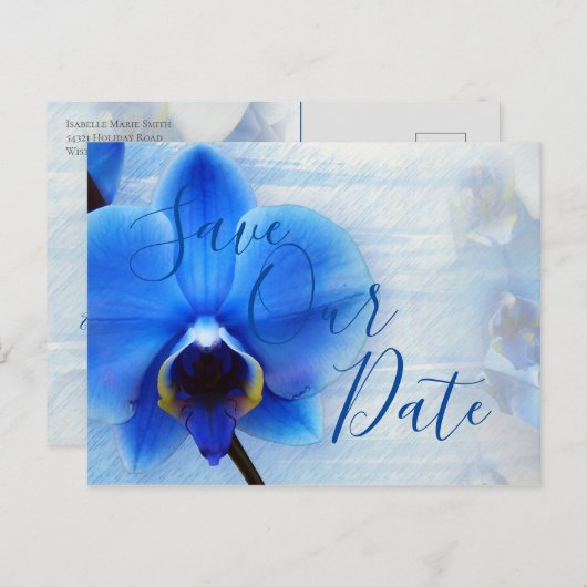 Moderne Hochzeit mit Blauer Orchidee Postkarte (Vorne/Hinten)