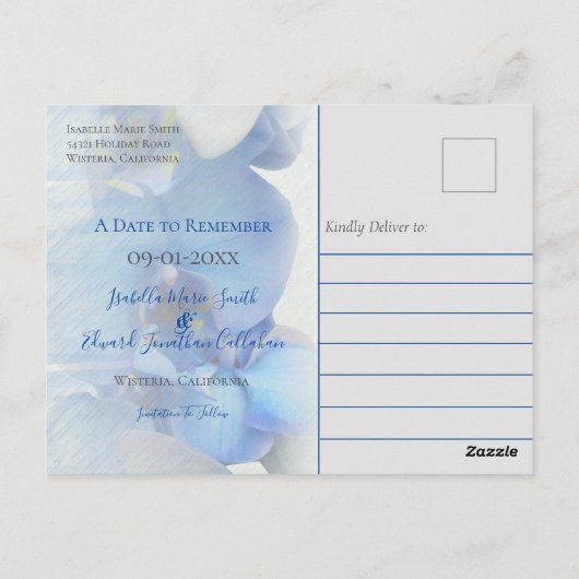 Moderne Hochzeit mit Blauer Orchidee Postkarte (Rückseite)
