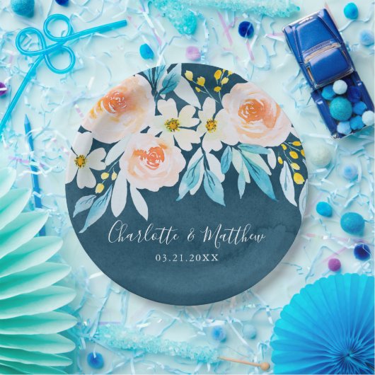 Moderne Hochzeit mit blauer Wasserfarbe Pappteller (Party)
