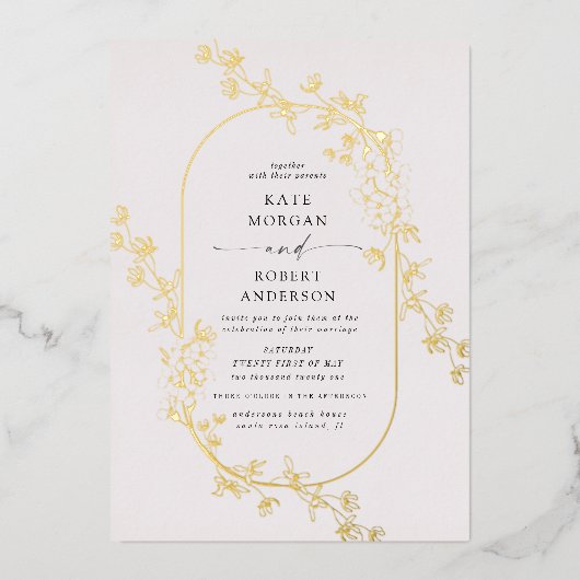 Moderne Hochzeit mit Blumen Folieneinladung (Vorderseite)