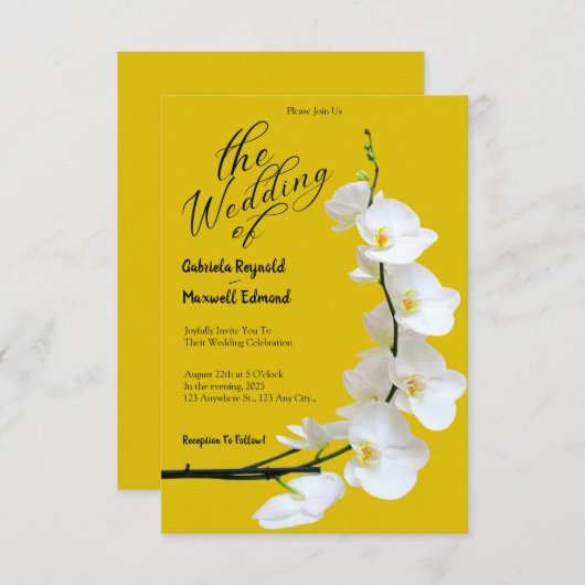 Moderne Hochzeit mit Blumengelb und weißen Orchide Einladung (Vorne/Hinten)