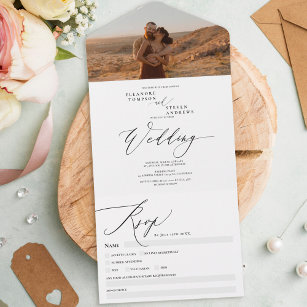 Moderne Hochzeit mit boho-Foto-Chic-Kalligrafie All In One Einladung